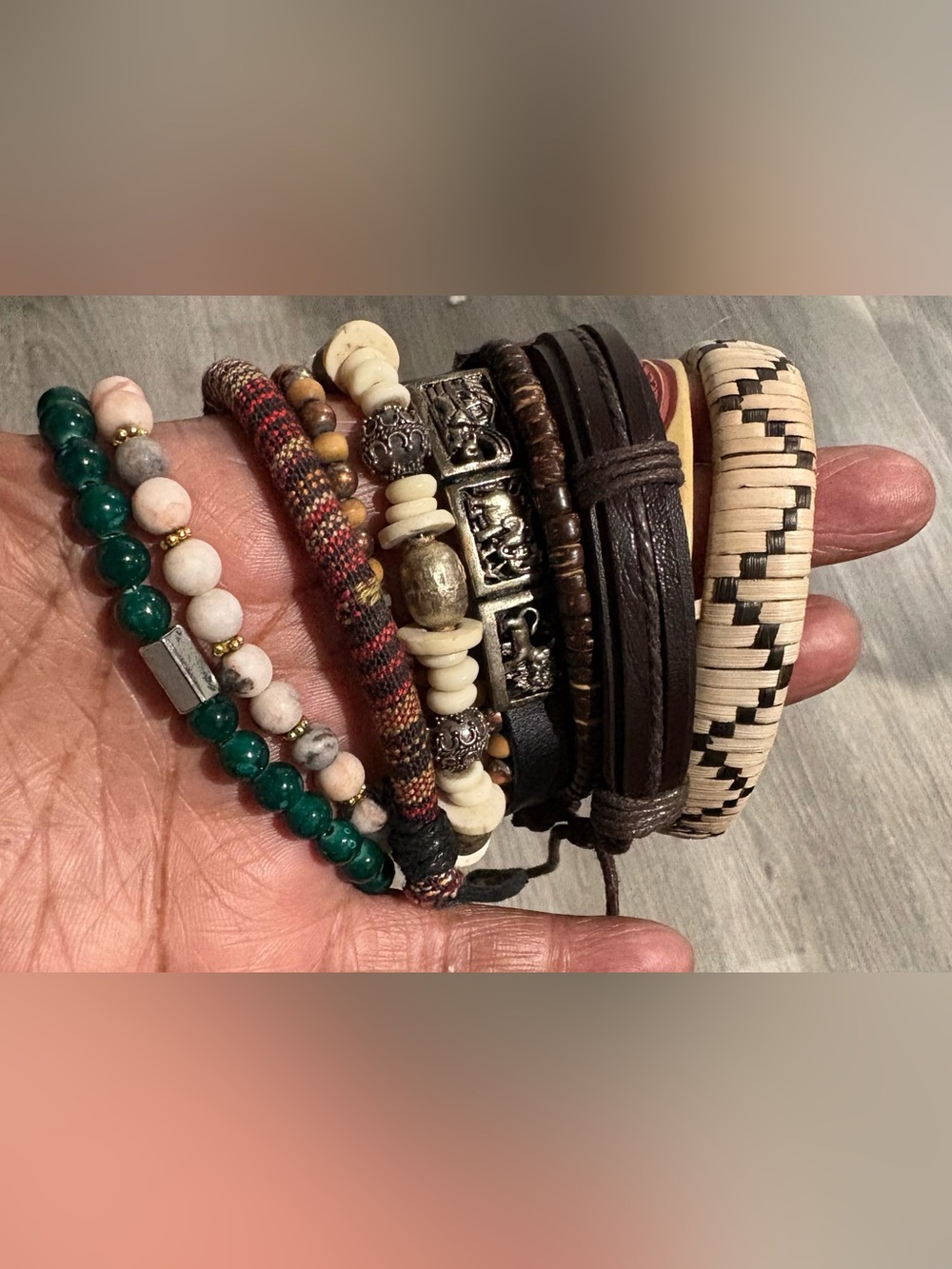 Boho Mixed Bead & Leather Bracelet Stack - Green, Cream, Brown 1 pair Earrings